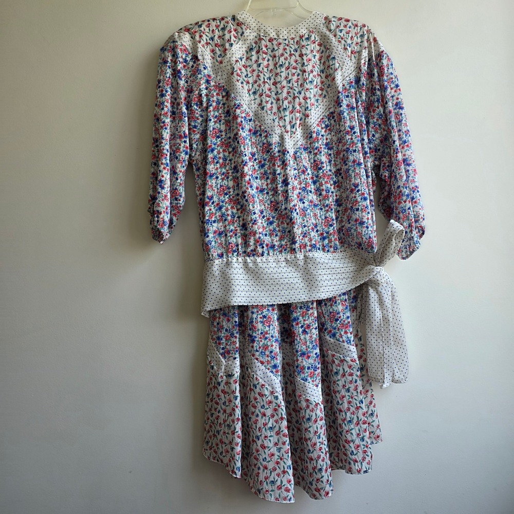 Vintage 80s Prairie Cottagecore Ditsy Floral Polka Dot‎ Skirt Shirt Set Medium